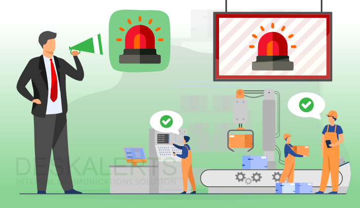 Manufacturing employees receiving emergency alerts across devices with DeskAlerts internal communication software