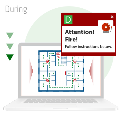 Real-time emergency fire alert with evacuation map on a desktop screen, demonstrating instant crisis communication using DeskAlerts software.