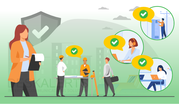 Illustration of workplace safety: a supervisor oversees workers, with safety tasks marked by green checkmarks and a safety shield in the background.