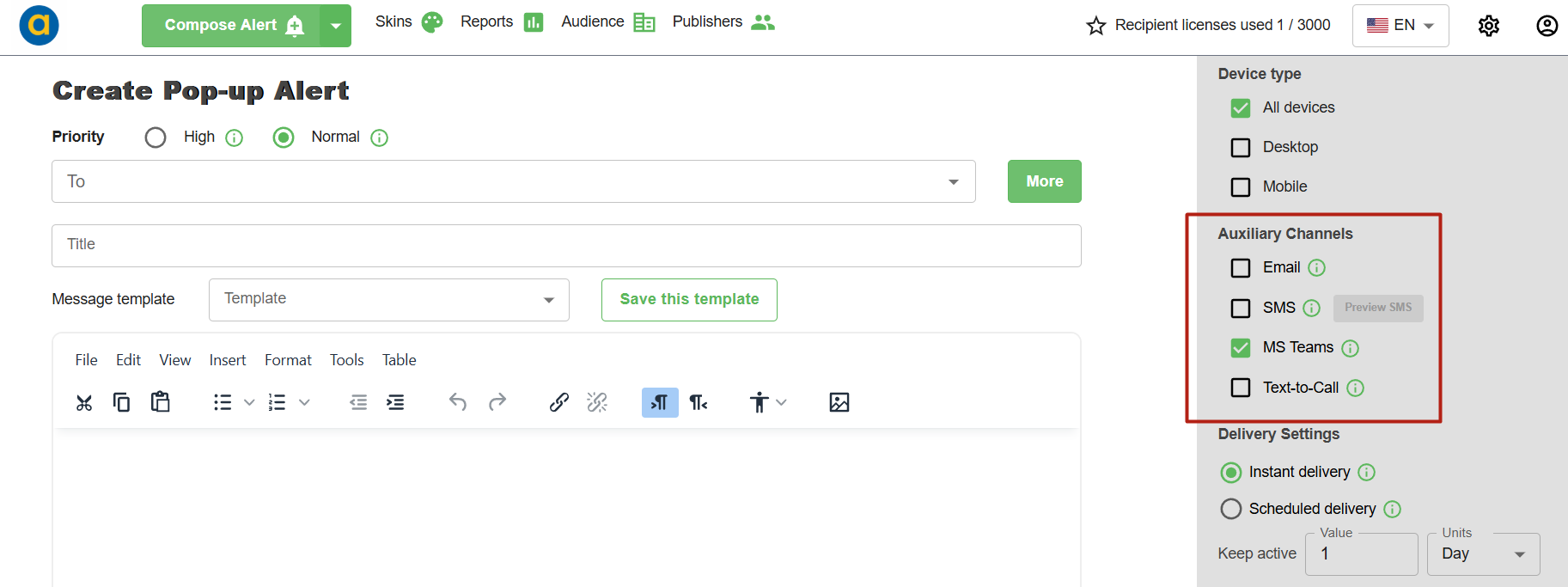 How to select MS Teams as message delivery channel in DeskAlerts