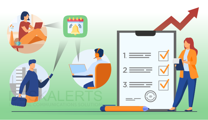 A team sits in different places but receives the same internal communication messages